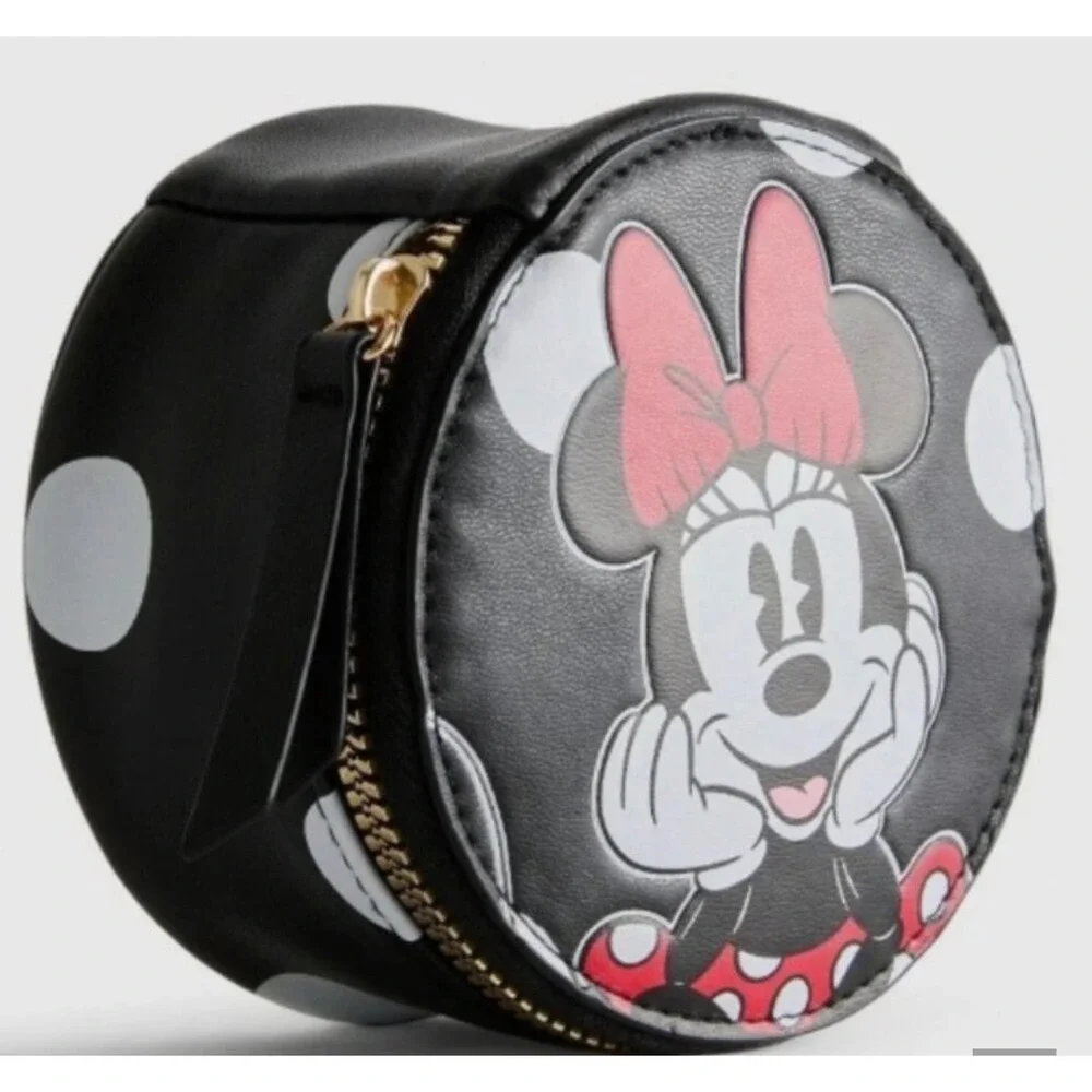 Disney Minnie Mouse Round Jewelry Travel Case Black Polka Dot Zip Organizer